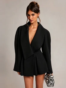 SHEIN BAE 女款純色大翻領長袖優雅西裝外套 - 黑色 - 查看 1