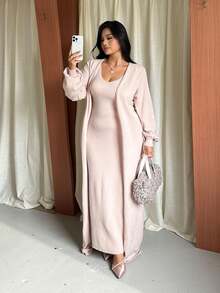 GalTyme Plus Size Casual Solid Color Cardigan Knit Dress, Autumn/Winter - Apricot - View 6