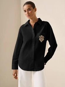 Briarwyn 女款刺繡時尚單排扣長袖上衣，適合日常穿著 - 黑色 - 查看 3