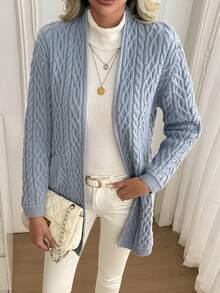 Sprig & Strand Women's Vintage V-Neck Cable Knit Solid Color Cardigan - Blue - View 3