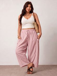 Enliva Plus Size Loose Fit Drawstring Casual Cropped Pants Fall - Pink - View 4