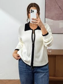 Lounesse Plus Size Women's Colorblock Zipper Casual Versatile Daily Wear Cardigan - White - View 4