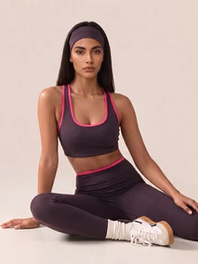 SHEIN BAE 女款滾邊背心與緊身褲日常健身運動套裝 - Bold Plum - 查看 5