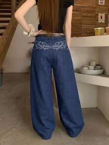 DAZY Women's Loose Embroidered Korean Style Washed Denim Jeans, Versatile For Spring And Summer - Blue - View 4