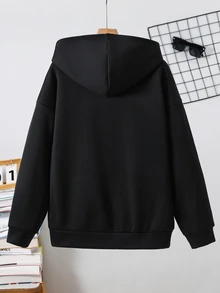 SHEIN 青少年男孩休閒黑色連帽衛衣，大字母印花，適合返校或外出穿著 - 黑色 - 查看 3