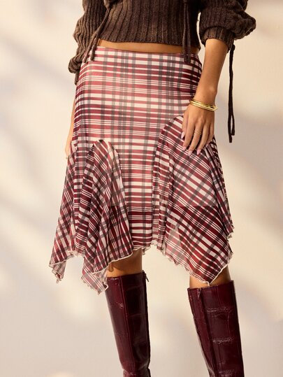 Aralina Jupe midi chic à carreaux pour femmes, taille haute, ourlet asymétrique à volants, parfaite pour une fête d'automne ou une sortie