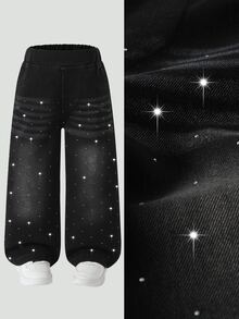SHEIN Elladie kids 女童黑色水鑽寬腿牛仔褲，春夏秋冬四季皆宜，街頭風度假休閒極簡設計，柔軟舒適棉質牛仔布無彈力，適合日常穿著、通勤、外出與聚會 - 藍色 - 查看 5