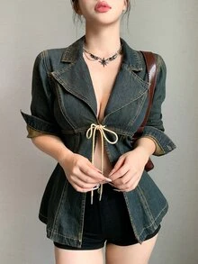 Dazy Tall Women's Waist-Cinching Tie-Front Sexy Casual Denim Top - Medium Wash - View 9