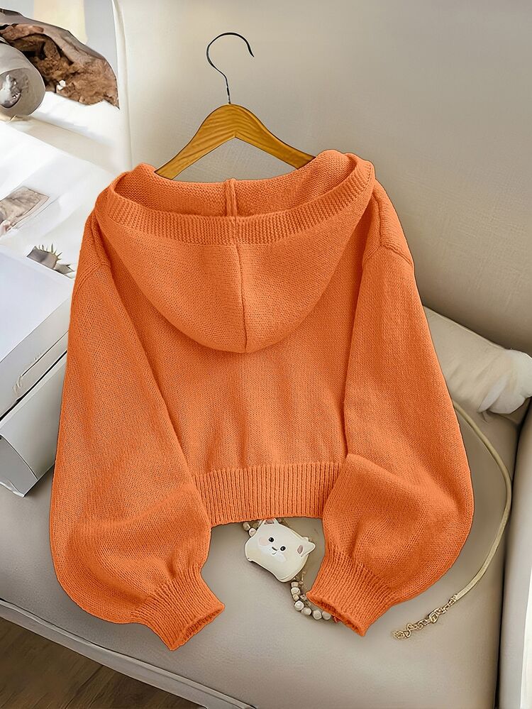 SHEIN Genkimix Kids Tween Girls' Fashion Casual Fresh Short Solid Color Autumn/Winter Hooded Knit Cardigan Sweater - Orange - View 2
