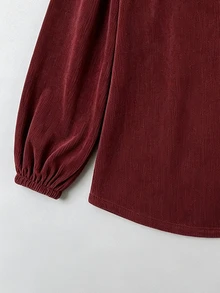 SHEIN LUNE CURVE 優雅百搭荷葉領鈕扣條紋上衣 - 酒紅色 - 查看 7