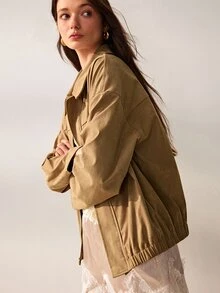Willow Rêve Women's Camel Loose Suede Jacket, Zip Front, Collared Neck, Elastic Hem, Solid Color, Vintage Western Boho Casual Autumn Travel, Elegant Everyday - Khaki - View 7