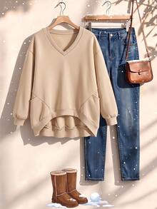 Rusticease Plus Size Women V-Neck Long Sleeve High-Low Hem Casual Loose Fit Básica Baggy Sweatshirt Formal Home Wear Khaki Autumn Fall Vacation Birthday - Apricot - View 2