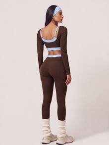SHEIN BAE Women Brown Cross Back Open Back Long Sleeve T-Shirt Gym Workout Training Running Yoga Athletic Activewear - Coffee Brown - View 7