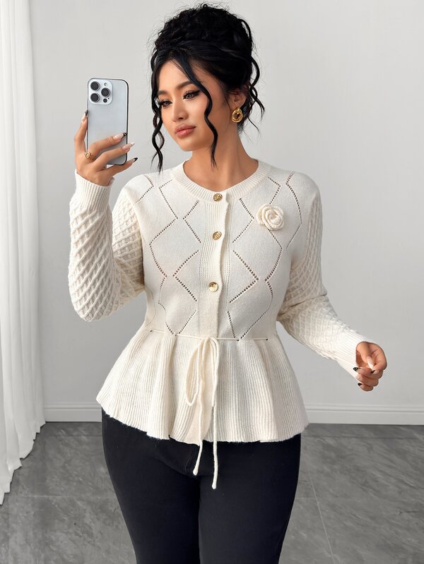 Elenzga Women's Autumn New Single Piece Round Neck Flared Hem Lace Trim Patchwork Waist Tie Sweet Date Versatile Fashion Daily Commute Fitted Regular Fit Knit Cardigan Plus Size Top