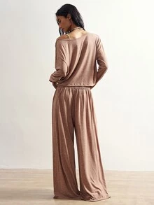 Bohemela Women's Solid Color Asymmetric Shoulder Long Sleeve T-Shirt And Pants Casual Set - Khaki - View 7