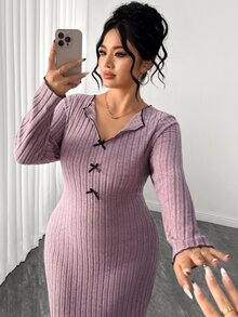 SHEIN Elenzya Plus Size Sexy Elegant Knit Bodycon Ribbed Long Sleeve Bow Collar Contrast Color Dress Fall - Pink - View 5