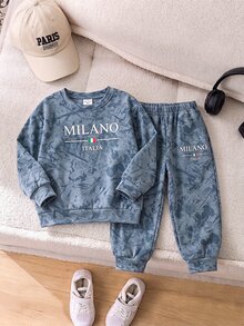 2件組兒童休閒舒適極簡風 MILANO 碎片印花圓領抓絨運動衫與配套長褲套裝，街頭運動戶外休閒，適合秋冬 - 彩色 - 查看 4