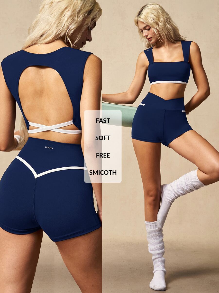 VARSIVA Women's Backless Cropped Tank Top And Shorts Sports Activewear Set - Navy Blue - View 1