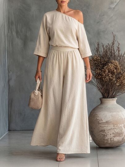 Linhara CURVE Plus Size Women's Autumn French Vacation Casual Khaki Top And Pants 2-Piece Set, Asymmetrical Neckline 3/4 Sleeve Top With Elastic Waist Pants, Women's Set, Women's Elegant Comfortable 2-Piece Set, Women's Country Style 2-Piece Set, Women's Casual Vacation Set, Suitable For Afternoon Tea, Commuting, Dating, Daily Wear And Other Occasions