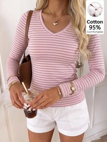 CovetEZ 95%棉女款V領修身灰紫色條紋長袖T恤，休閒極簡日常百搭派對早午餐聚會復古Y2K上衣 - 彩色 - 查看 5