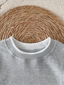 SHEIN Playful Pals Boys' Grey Ribbed 2 In 1 Long Sleeve Top, Loose & Comfortable, Minimalist Versatile Knit Sweater - Grey - View 7