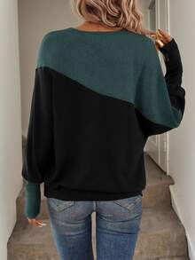 SHEIN LUNE 女款拼色休閒日常長袖運動衫 - 綠色 - 查看 2