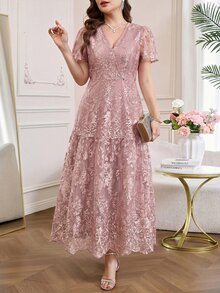 Amorya Women's Elegant Jacquard Mid-Length Dress With Overlap V-Neck, Short Sleeves And Ruffle Hem Wedding Formal Mother Of The Bride Dusty Mauve Summer - Pink - View 4