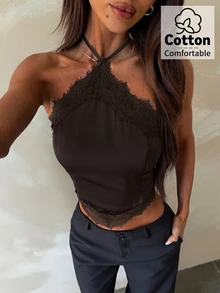 Aloruh Brown Sexy Lace Patchwork Satin Top, Backless Top For Music Festival And Concert - Coffee Brown - View 1