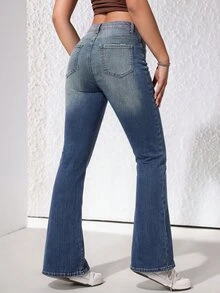 SHEIN Casual Street Style Low Waist Vintage Washed Flared Jeans With Diagonal Pockets And Back Pockets, Leg-Lengthening Floor-Length Pants - Medium Wash - View 2