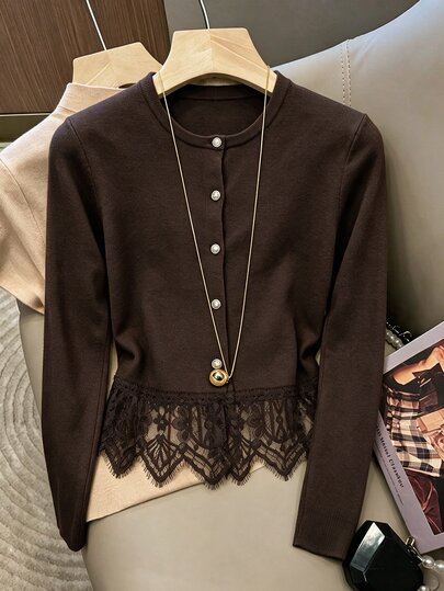 SHEIN Franclia קרדיגן נשאי אלגנטי עם עיטור תחרה