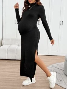 SHEIN Maternity Solid Color High Neck Long Sleeve Side Slit Hem Casual Dress - Apricot - View 5