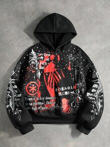 ROMWE MEN 男士標語印花長袖休閒寬鬆連帽衛衣 - 黑色 - 查看 1