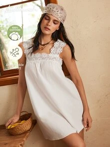 Lullawish Women's Comfortable Sweet Lace Patchwork Nightgown - White - View 1