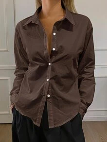 DAZY 女款純色修身腰長袖領口優雅正式春夏襯衫 - 咖啡棕 - 查看 1