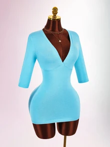 Amplova Women's V-Neck Blue Knit Dress - Blue - View 6