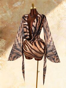 Amplova Women's Cowl Neck Animal Print Sexy Long Sleeve Dress - Brown - View 4