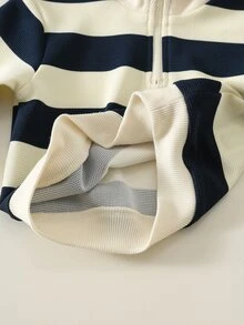 SHEIN Baby Boy Striped Pattern Knitted Soft Round Neck Long Sleeve Half-Zip Pullover Sweatshirt, Versatile And Comfortable - Multicolor - View 7