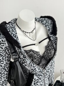 Elamini 秋冬女款休閒拼色粉色法蘭絨保暖內裡豹紋收腰拉鍊修身柔軟返校居家長袖運動衫上衣 - 彩色 - 查看 4
