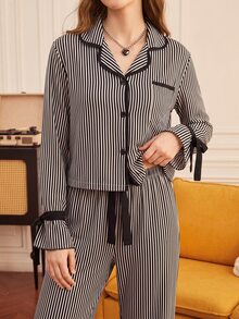 Notgurli Set Piyama Bergaris dengan Hiasan Ruffle, Pakaian Santai Lengan Panjang dengan Kerah dan Tali Pengikat Warna Kontras Modis, 2 Potongan - Hitam dan Putih - View 5