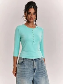SHEIN BAE Women's Solid Color Button Half-Placket 3/4 Sleeve Casual Top Fall Clothes For Women ,Summer, Winter Clothes - Mint Blue - View 5