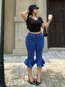 Rivivi Plus Size Women's Elastic Waist Faux Pearl Decor Ruffle Hem Fashion Cropped Denim Jeans - Blue - View 6