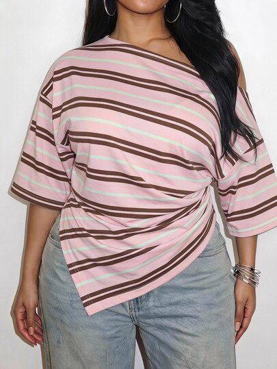 Slaydiva Plus Size Women's Striped Colorblock Asymmetric Shoulder Casual Everyday T-Shirt