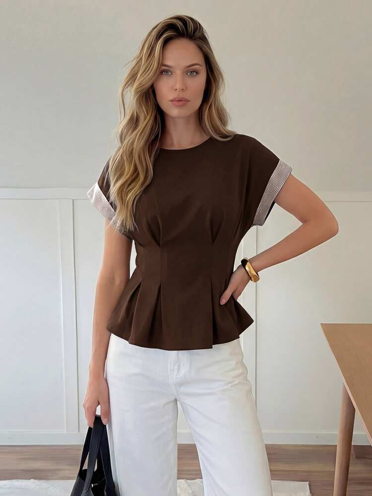 Easowa Women's Round Neck Cinched Waist Ruffle Hem Blouse, Colorblock Striped Patchwork Top, Casual Relaxed Elegant Commute Old Money Style Vacation Spring Summer Shirt - Coffee Brown - View 2