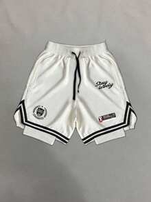 Sport MetroGents 男士字母印花抽繩腰雙層運動短褲 - 白色 - 查看 3
