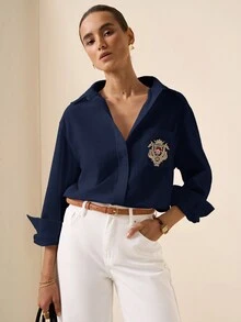 Briarwyn Women's Cartoon Bear Pattern Long Sleeve Single-Breasted Casual Pocket Shirt - Navy Blue - View 5
