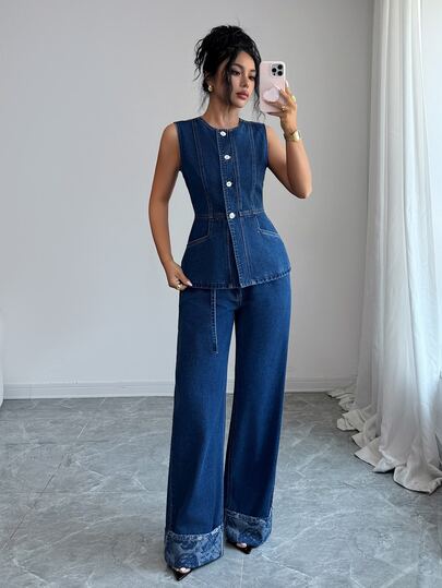 Elenzga Elegant Flare High Waist Tummy Control Blue Daily Stretchy Washed Comfortable Flattering Wear Denim Two Piece Set For Women