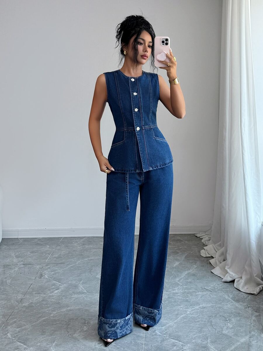 Elenzga Elegant Flare High Waist Tummy Control Blue Daily Stretchy Washed Comfortable Flattering Wear Denim Two Piece Set For Women - Blue - View 1