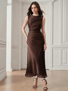 Anewsta Women's Elegant Dark Brown Shiny Round Neck Sleeveless Cinched Waist Long Dress For Wedding Guest Party Ceremony - Dark Brown - View 5