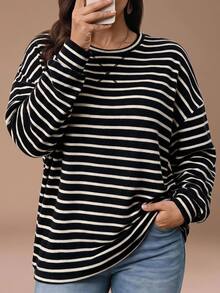 SHEIN BASICS Plus Size Casual Striped Sweatshirt, Autumn/Winter - Black and White - View 4