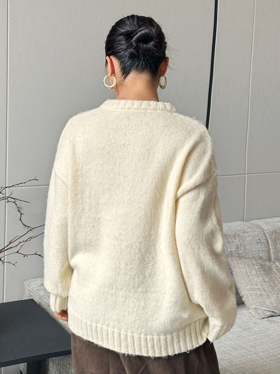 Dazy Plus Solid Color Loose Round Neck Pullover Knit Sweater, Brushed Thickened Autumn/Winter Casual Old Money Vacation Sweater